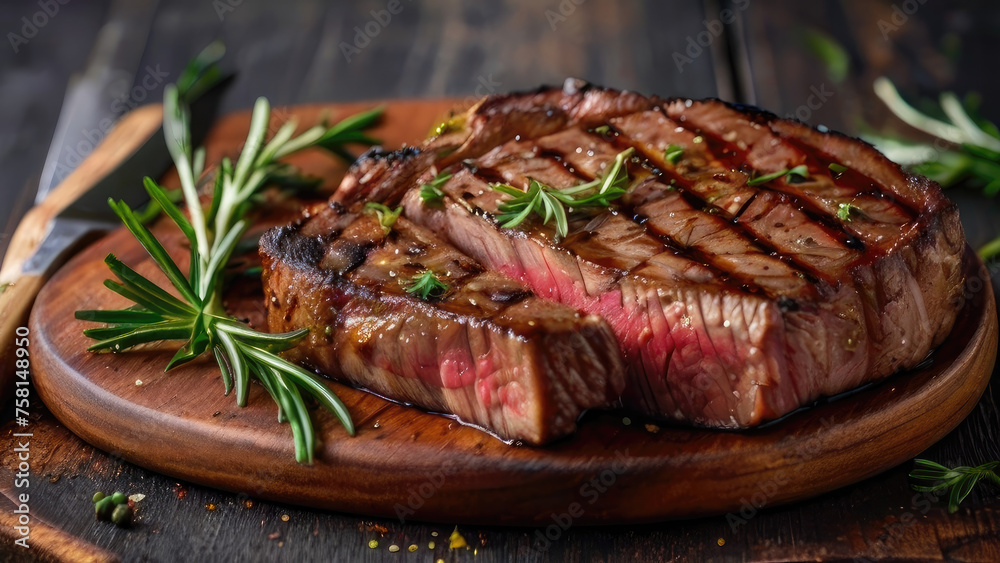 Close-up photograph of a succulent meat steak with red center, garnished with a sprig of herbs, served in a restaurant, showcasing its juicy tenderness and exquisite presentation