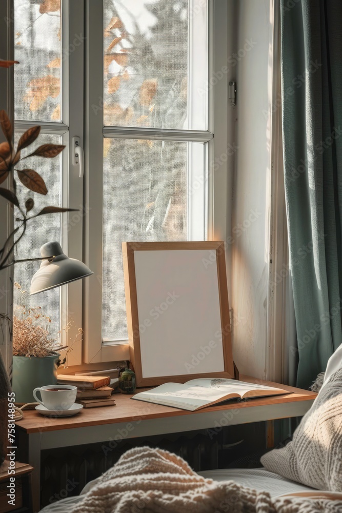 Fototapeta premium Mock up frame in cozy home interior. A home design table mock up frame. interior living room, 3d render