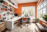 Chic home office with a floating desk, vibrant accent wall, and abundant natural light.