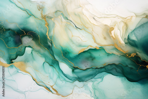 Green malachite and gold fluid art background, marble texture, alcohol ink, color flow pattern. Abstract wallpapers, wavy swirls, golden seams, luxurious marble surface