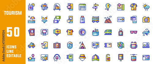 50 Tourism Icons Set Line Editable Vector Illustration