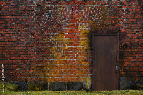 Locked iron door in old brick wall photo