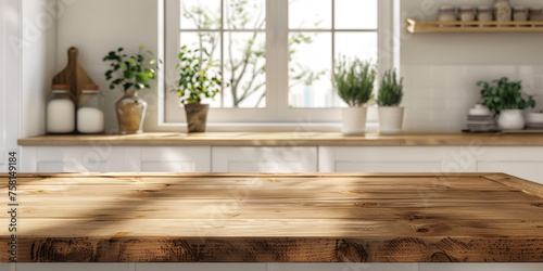 Empty wood table top counter and blur bokeh modern kitchen interior background in clean and bright,Banner, Ready for product montage. empty wooden table top counter on interior kutchen background