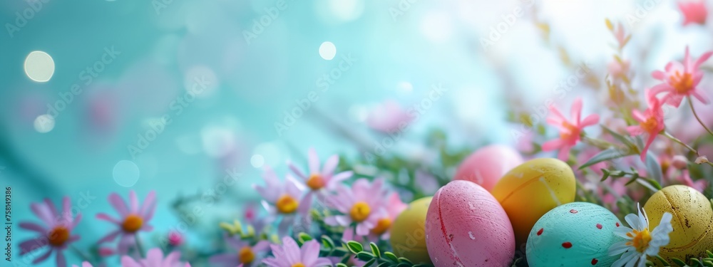 a blue background with a bunch of colorful eggs and flowers