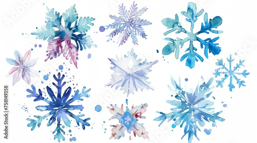 a bunch of snowflakes blue colors on a white background