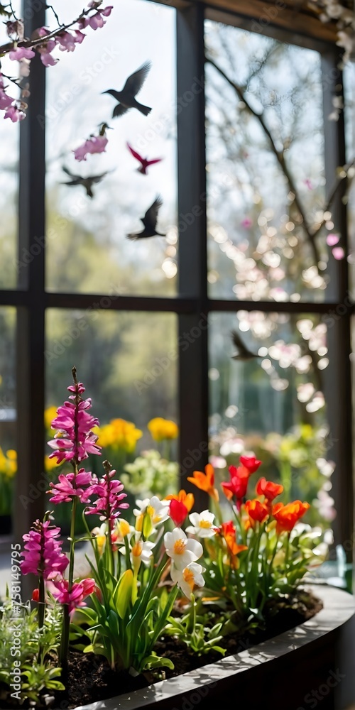 View of the spring garden and the valley through the windows