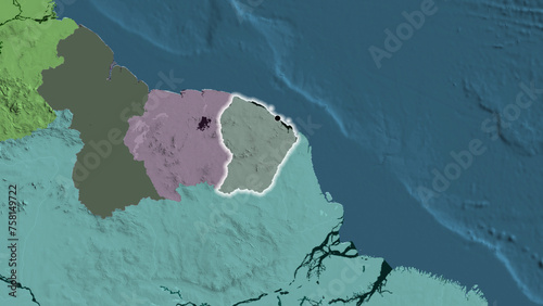 Shape of French Guiana. Glowed. Administrative.