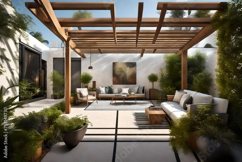 A front courtyard with a stylish pergola, providing shade for outdoor seating and adding an architectural focal point. photo