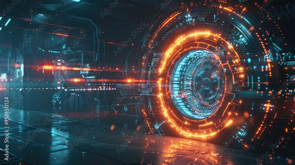 Fototapeta premium Orange Tech Tunnel with Digital Data Stream
