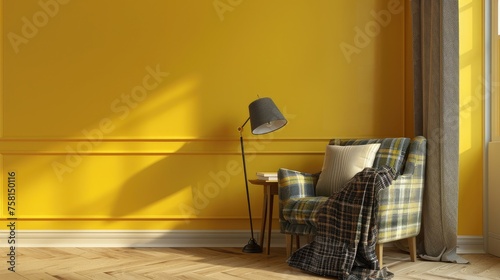Living room idea with armchairs Lamp and plaid near yellow wall