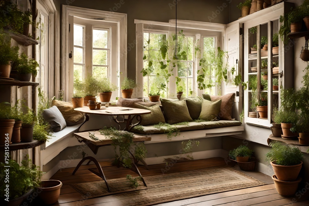 A cozy corner with a window seat and a view of the garden, adorned with hanging potted herbs.
