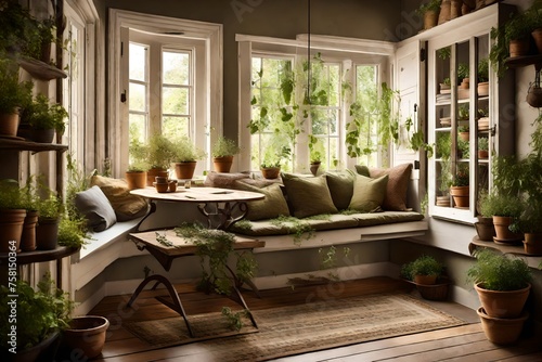 A cozy corner with a window seat and a view of the garden, adorned with hanging potted herbs. © Malaika