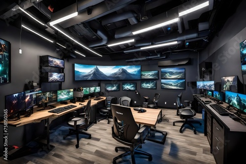 High-tech gaming den with VR setups, gaming chairs, and a wall of high-performance monitors.