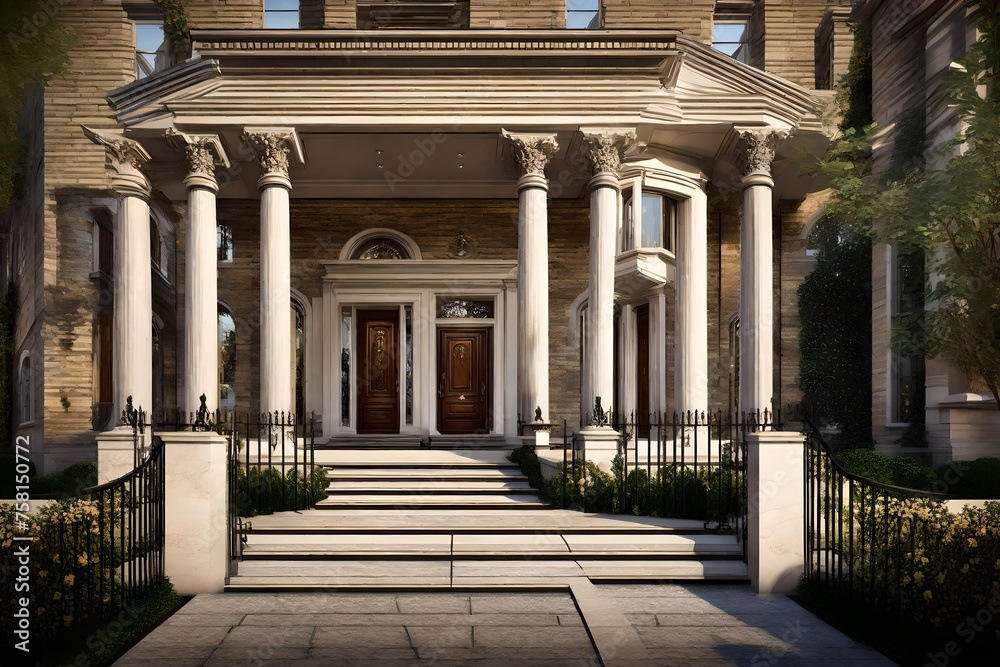 A timeless front elevation with classic columns and a grand entrance, exuding an air of sophistication and luxury.