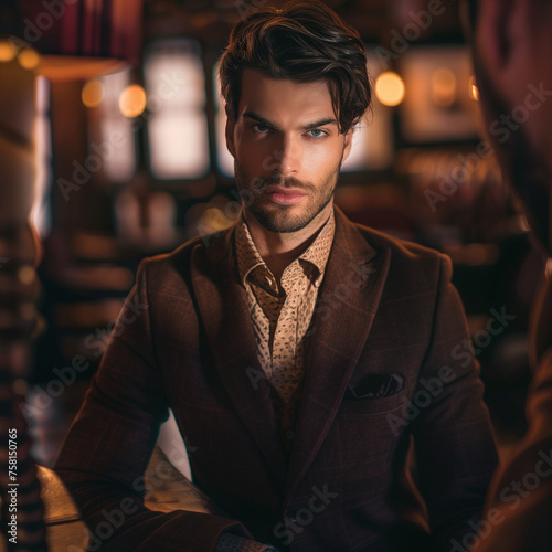 Handsome man in a stylish dark suit. A well-groomed man with a serious expression wearing a brown suit and shirt seated in a dimly lit room