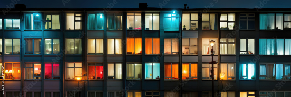 Front view. Glowing windows. Facade of Soviet panel house at night. Red, yellow light. Concept of buying home with mortgage, renting property, rent apartment, real estate agency. Sleeping poor area.	 - obrazy, fototapety, plakaty 