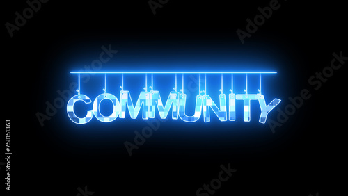 Neon sign with word COMMUNITY in blue on a black background.