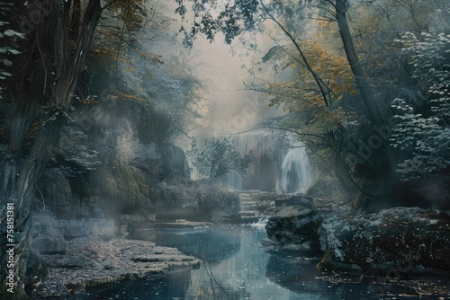 A forest with a waterfall and a river