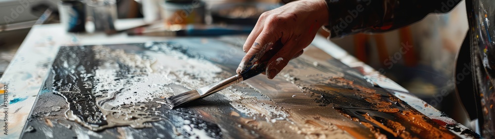Artist paints a picture with oil paints on canvas. Close-up. Artist paints a picture with oil paints on canvas. Close-up.