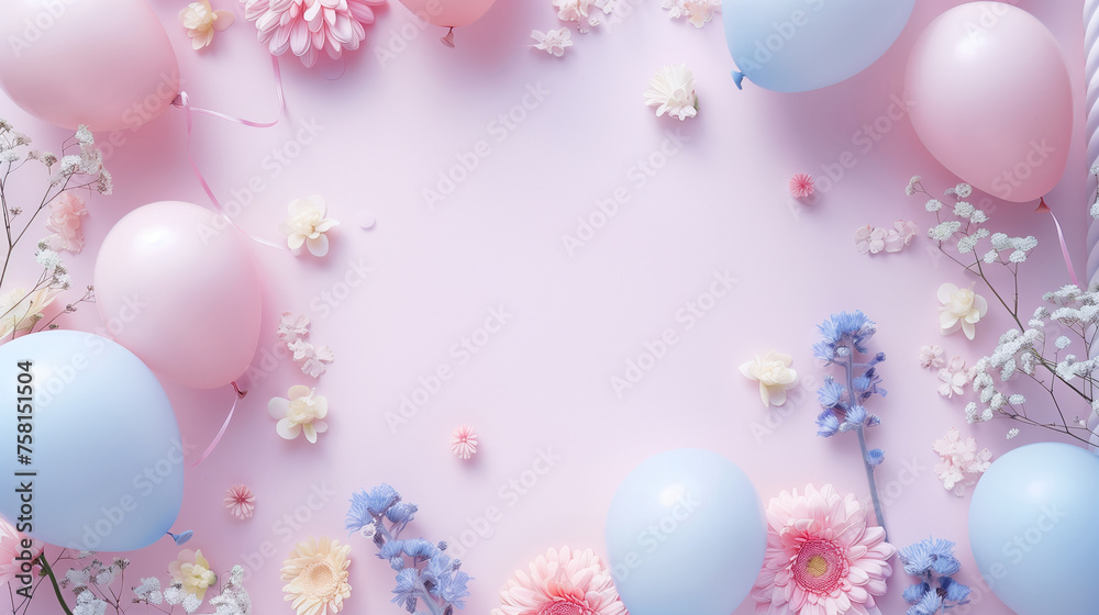 Dreamy Pink and Blue balloons and Floral Background