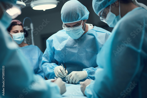 Generative IA picture modern operating room in futuristic surgery clinic team of professionals operating patient