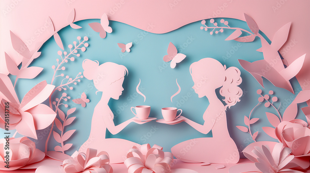 A papercut scene of a tea party setup for two, symbolizing mother-daughter bonding time, Mother's day background, with copy space