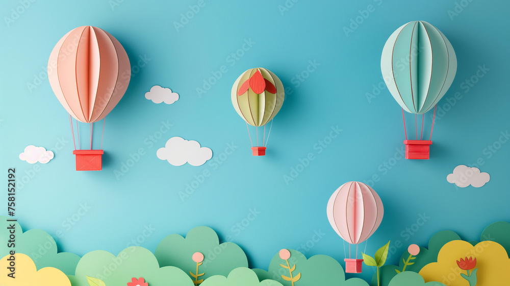A whimsical papercut of hot air balloons in the sky, each carrying a different Mother's Day message, Mother's day background, with copy space