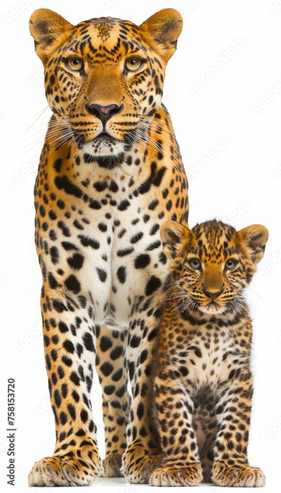 Fototapeta premium Male leopard and cub portrait with text space, object on right side, ideal for adding information