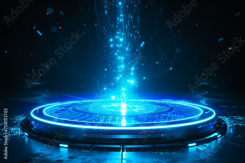 Futuristic Cyberpunk Podium  Holographic Tech Background with Digital Portal Circle Effect