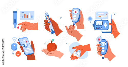 Diabetes management concept set. Collection of people check and monitor blood sugar level with glucometer, insulin pump, glucose monitors. Hands hold various diabetes devices. Vector illustration.