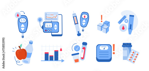 Diabetes management concept set. Collection of glucometer, insulin pump, glucose monitors and other diabetic treatment devices and drugs. Vector illustration. photo
