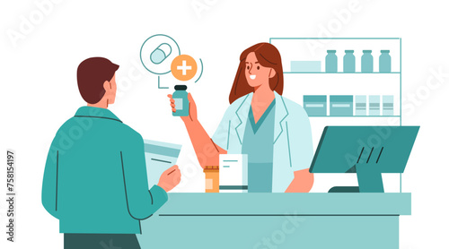 Pharmacist standing at pharmacy counter, talking with patient, consulting about prescription drug. Pharma professional at drugstore concept. Vector illustration.