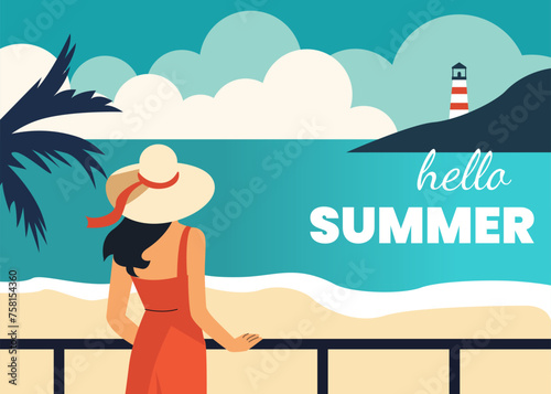 Back view of woman relaxing at the sand beach and enjoying sea landscape. Summer holidays, travel, vacation vintage minimal poster. Vector illustration.
