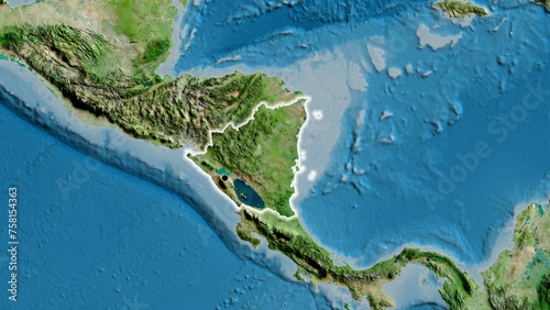 Shape of Nicaragua. Glowed. Satellite.