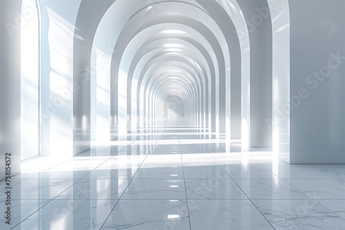 3D rendering of conceptual architecture, of a hallway of arches. All in white marble with incoming light