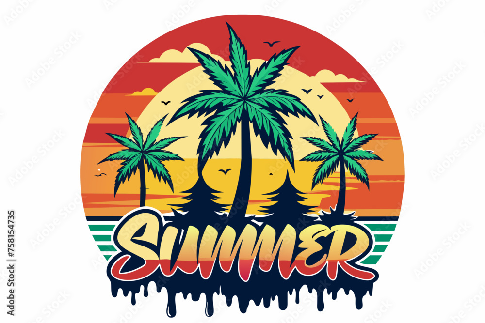 Text: Summer!, elegant round vector tshirt design, cannabis buds, neon paint dripping sunset, white background, no mockup, illustration, poster