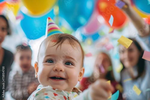 Up-close perspective highlighting the sheer happiness and excitement of a baby boy as they celebrate their first birthday milestone, surrounded by loving family members and friends