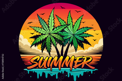 Text: Summer!, elegant round vector tshirt design, cannabis buds, neon paint dripping sunset, white background, no mockup, illustration, poster