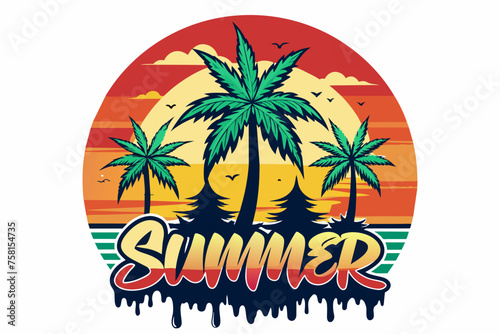 Text  Summer   elegant round vector tshirt design  cannabis buds  neon paint dripping sunset  white background  no mockup  illustration  poster