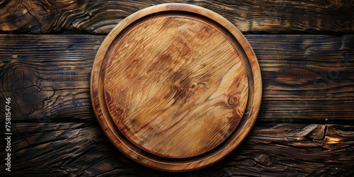 Empty wooden round pizza board on dark wood background, mockup for product presentation 
