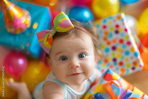 Up-close perspective highlighting the adorable smile of a baby girl as they reach out to grab their first birthday present, wrapped in colorful paper and adorned with a big bow