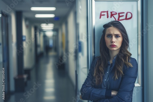 Unhappy woman standing in an empty office hallway with the word "FIRED" written 