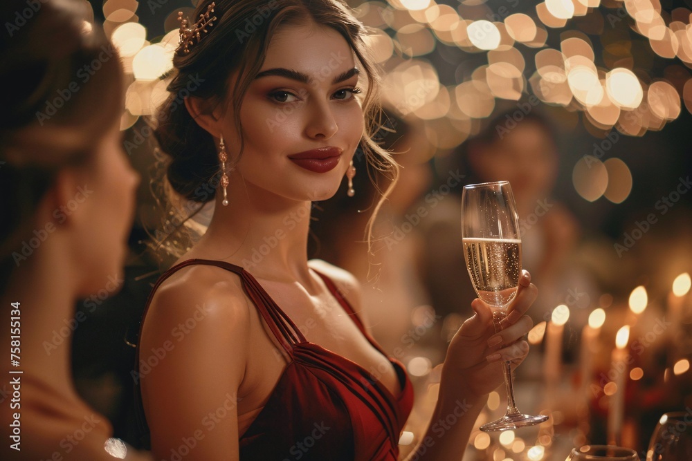 An elegant soirée in a chic ballroom, with a sophisticated woman dressed in evening attire holding a flute of champagne to toast her birthday, surrounded by friends and family