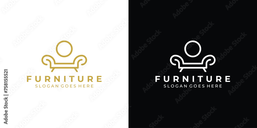 Simple Minimalist Furniture Logo. Interior Sofa Chair with Modern Lineart Outline Style. Furnishing Interior Logo Design Template.