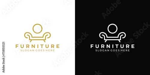Simple Minimalist Furniture Logo. Interior Sofa Chair with Modern Lineart Outline Style. Furnishing Interior Logo Design Template.
