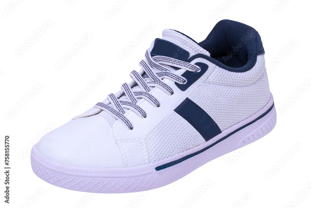 White sneakers isolated. Close-up of a single white elegant stylish leather sport shoe isolated on white background. Clipping path. Modern design footwear for workout. Macro.