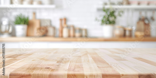 Empty beautiful wood table top counter and blur bokeh modern kitchen interior background in clean and bright,Banner, Ready for product montage	
 photo