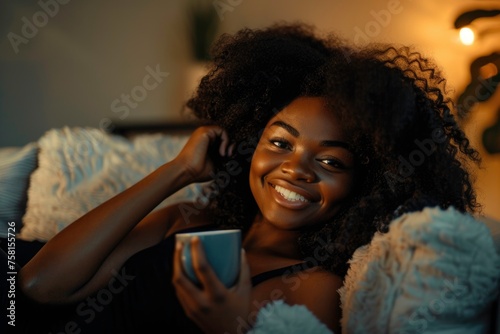A woman with curly hair is sitting on a couch and holding a cup