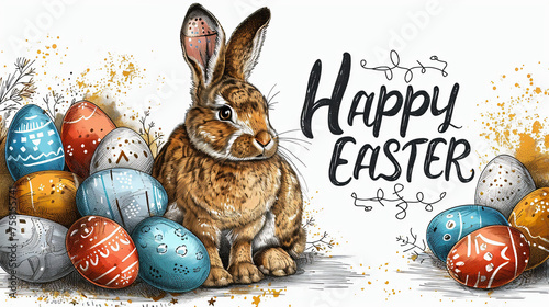 Illustration of Happy Easter with painted eggs, bunny and drawings in a children's composition. International spring celebration design with typography for greeting cards, party invitation. Happy East