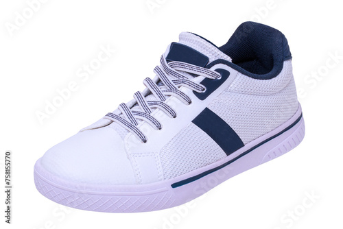 White sneakers isolated. Close-up of a single white elegant stylish leather sport shoe isolated on white background. Clipping path. Modern design footwear for workout. Macro.